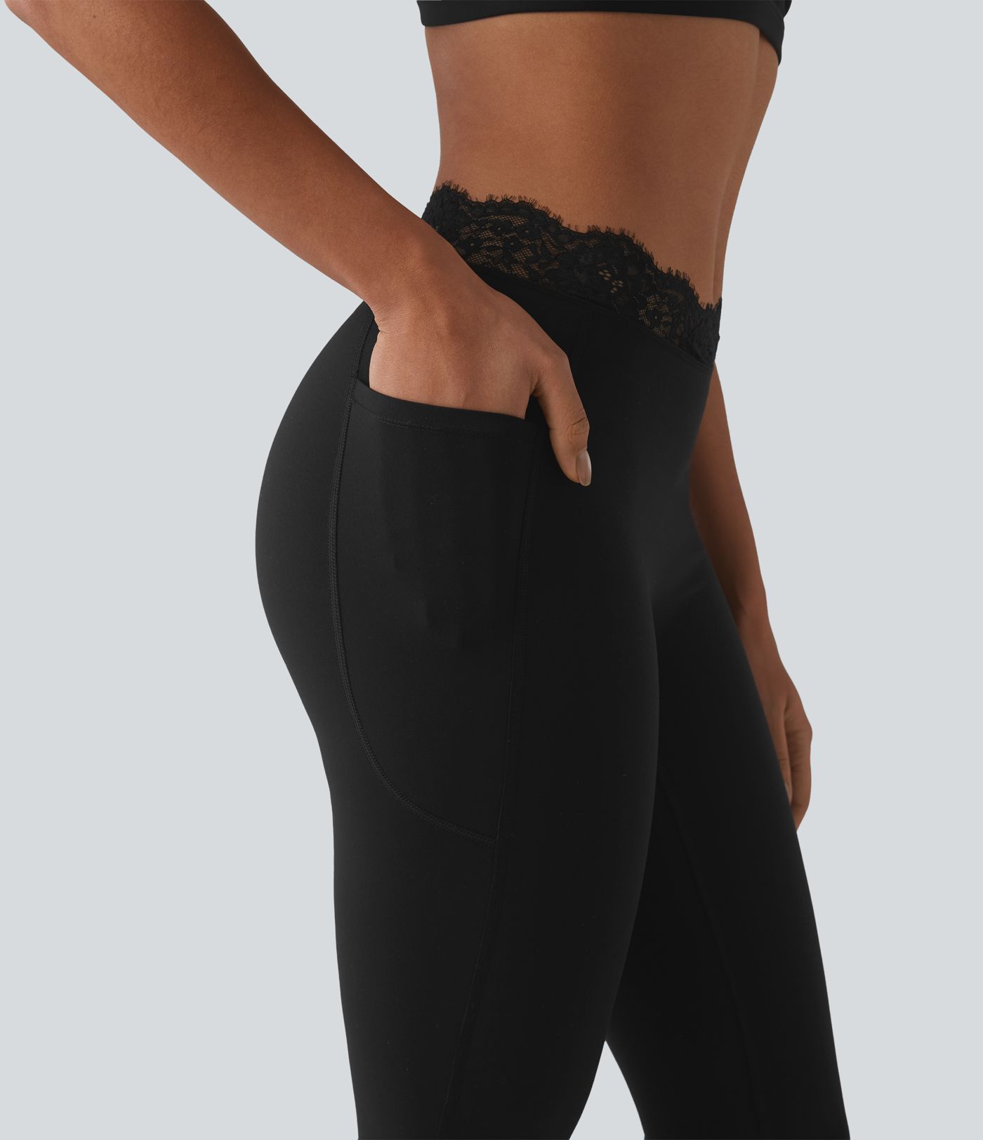 Halara UltraSculpt™ V-Shaped High Waisted Contrast Lace Yoga Flare Leggings with Pockets
