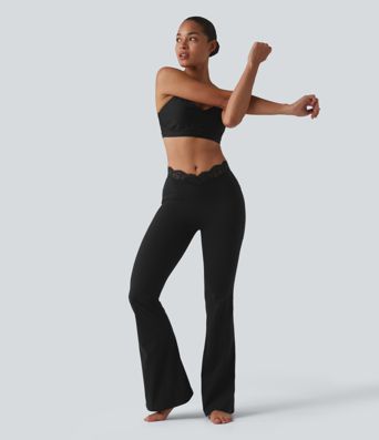 Halara UltraSculpt™ V-Shaped High Waisted Contrast Lace Yoga Flare Leggings with Pockets