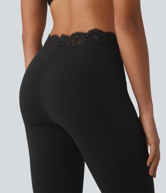 Halara UltraSculpt™ V-Shaped High Waisted Contrast Lace Yoga Flare Leggings with Pockets