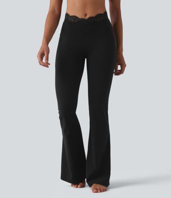 Halara UltraSculpt™ V-Shaped High Waisted Contrast Lace Yoga Flare Leggings with Pockets