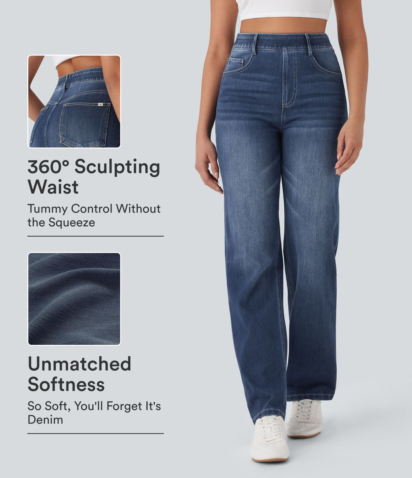 Jean décontracté lavé à jambe droite, taille haute avec poches Halara Flex™