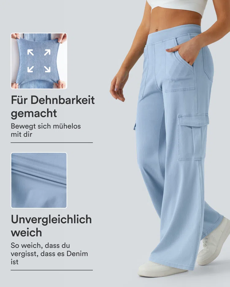 Denim Cyan Blue Halara Flex™ lässige Baggy-Hose aus elastischem Strickdenim mit mittelhohem Bund, Cargo-Seitentaschen und geradem Bein / 1