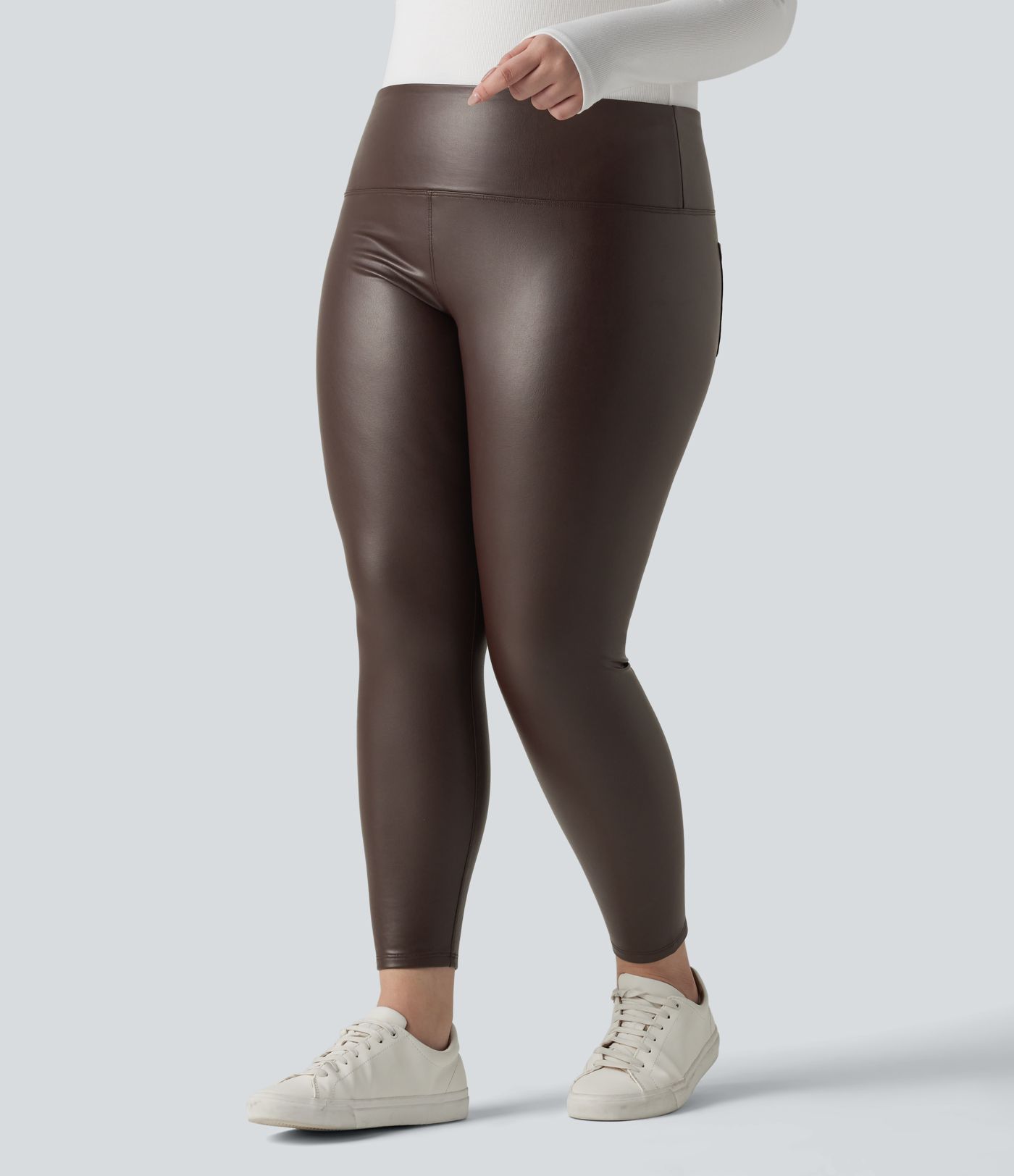 Plus Size High Waisted Tummy Control Stretchy PU Fleece 7/8 Skinny Casual Leggings with Pockets