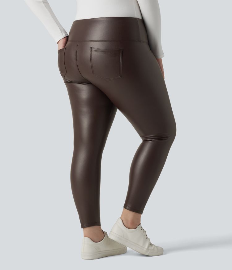 Plus Size High Waisted Tummy Control Stretchy PU Fleece 7/8 Skinny Casual Leggings with Pockets