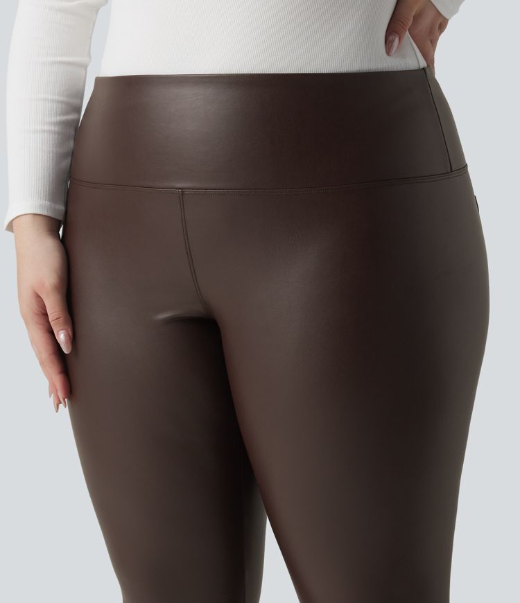 Plus Size High Waisted Tummy Control Stretchy PU Fleece 7/8 Skinny Casual Leggings with Pockets