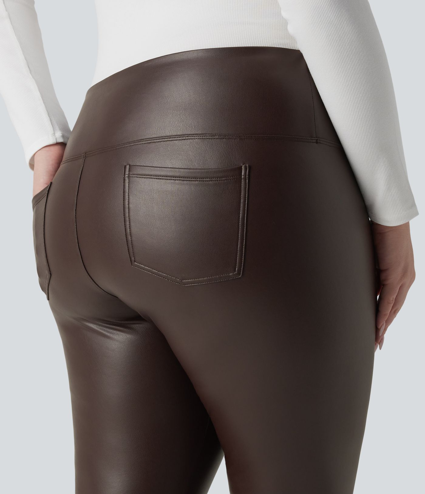 Plus Size High Waisted Tummy Control Stretchy PU Fleece 7/8 Skinny Casual Leggings with Pockets