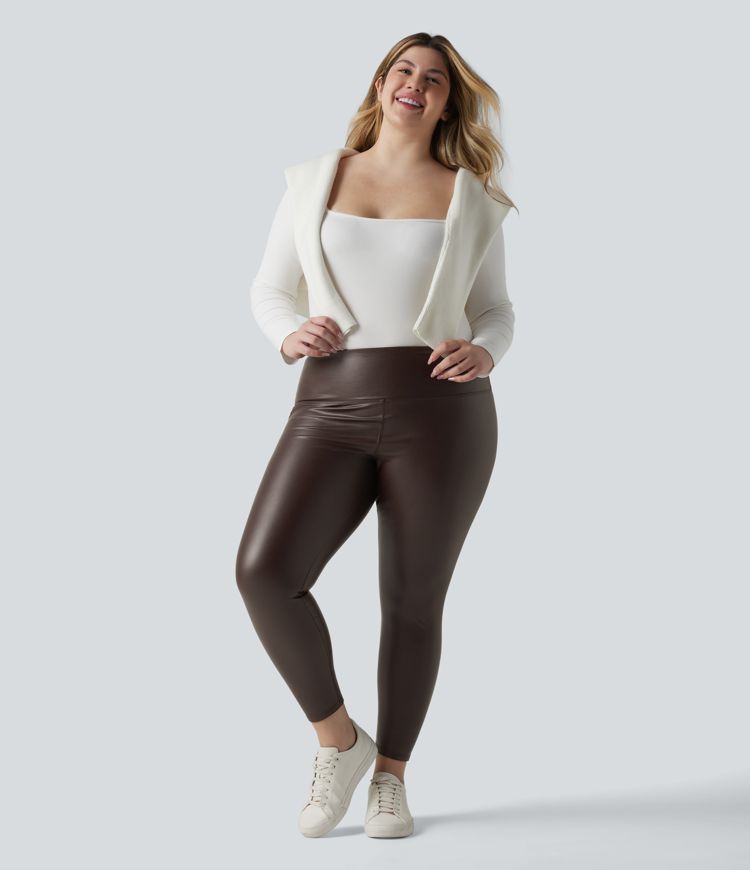 Plus Size High Waisted Tummy Control Stretchy PU Fleece 7/8 Skinny Casual Leggings with Pockets