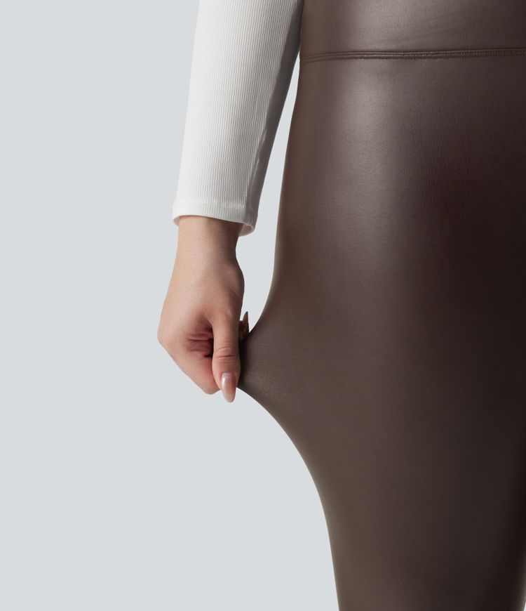 Plus Size High Waisted Tummy Control Stretchy PU Fleece 7/8 Skinny Casual Leggings with Pockets