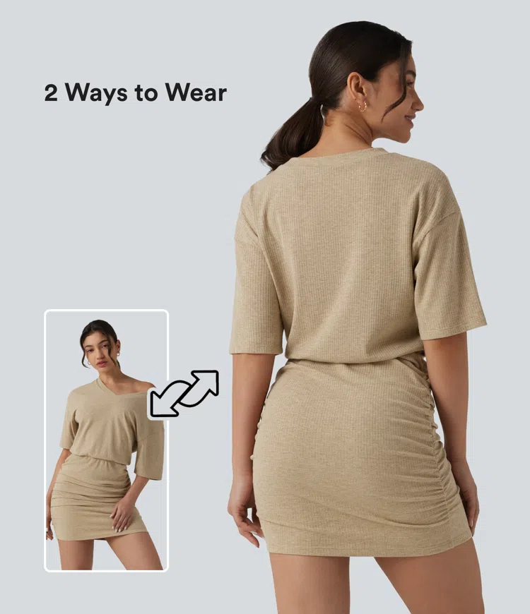 Semolina Ribbed Knit V Neck Short Sleeve Ruched Bodycon Mini Casual Dress / 1