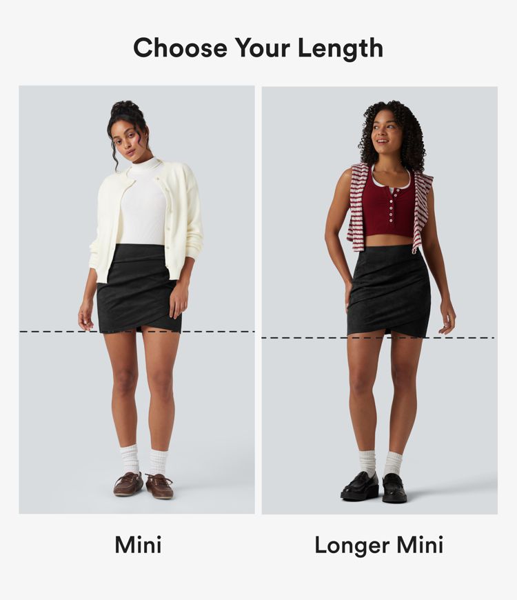 High Waisted Ruched Crossover Hem Bodycon Mini Suede Casual Skirt