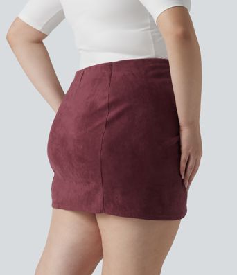 Plus Size High Waisted Ruched Crossover Hem Bodycon Mini Suede Casual Skirt