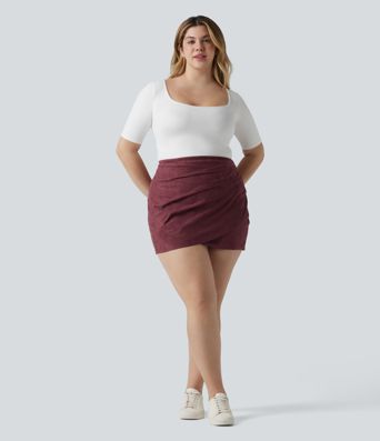 Plus Size High Waisted Ruched Crossover Hem Bodycon Mini Suede Casual Skirt