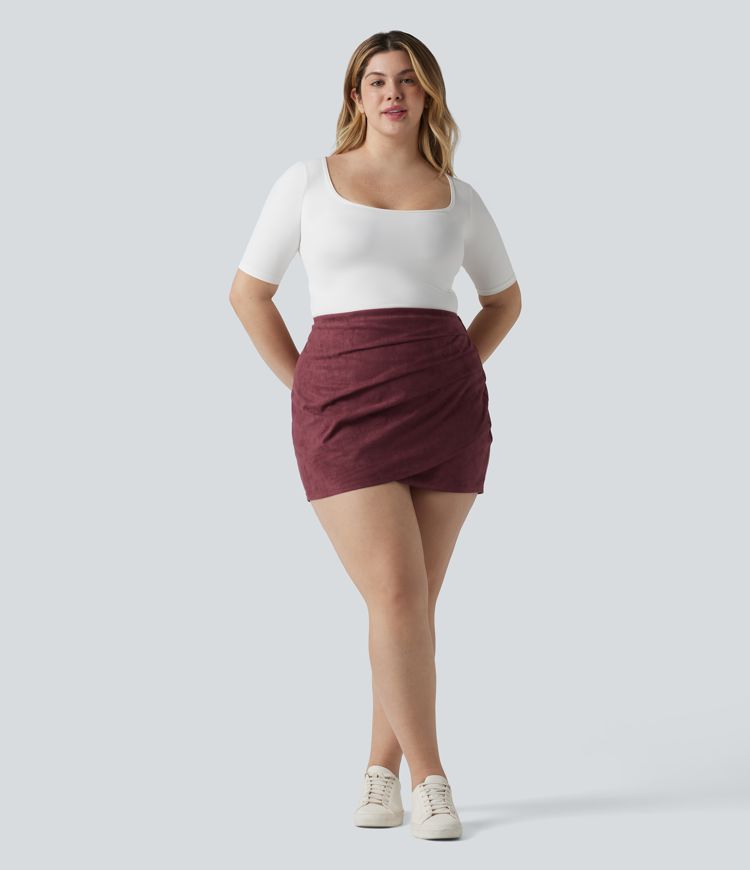Plus Size High Waisted Ruched Crossover Hem Bodycon Mini Suede Casual Skirt