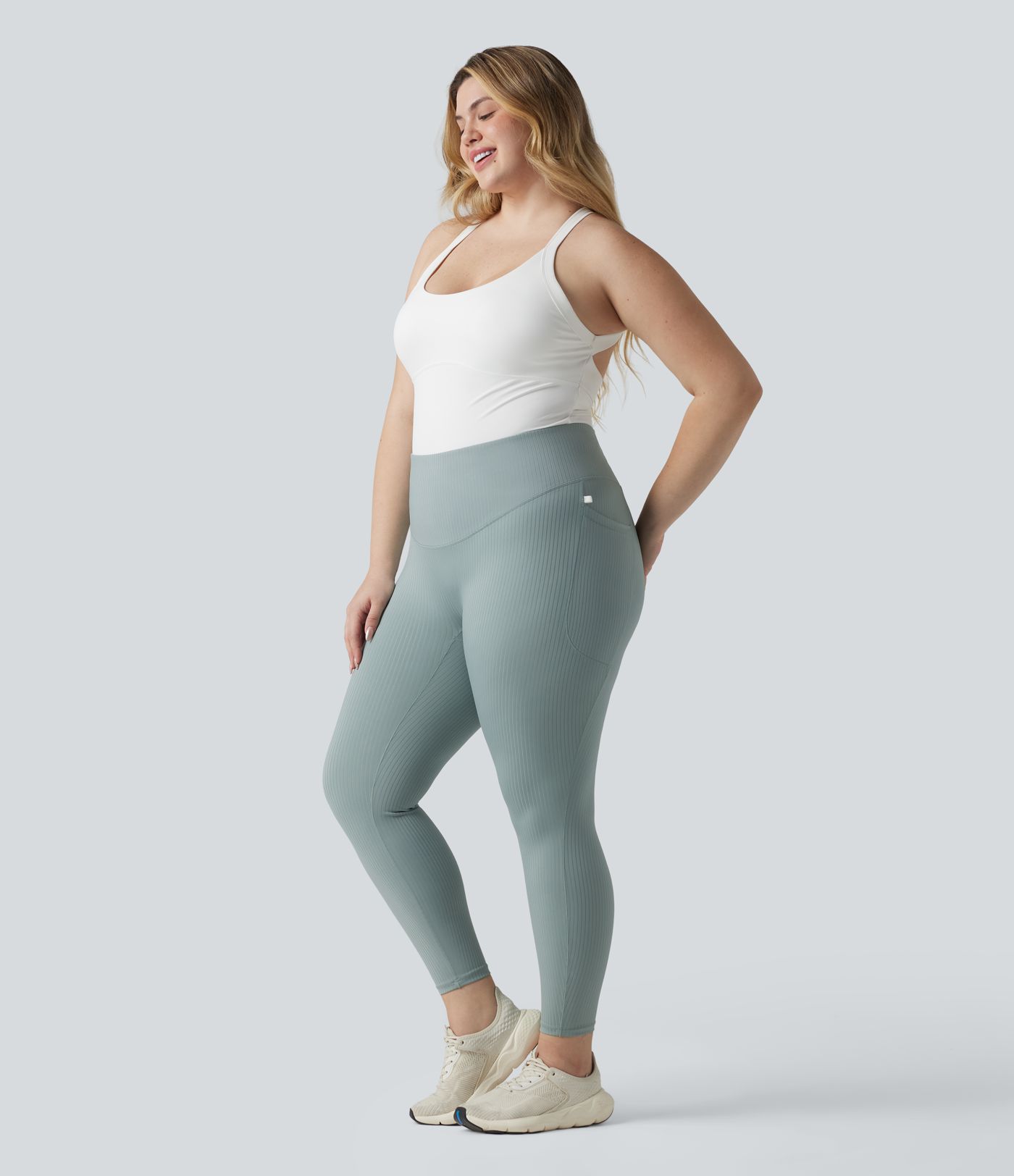 Plus Size Ribbed Knit High Waisted Tummy Control Workout Leggings with Pockets