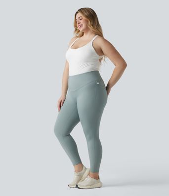 Plus Size Ribbed Knit High Waisted Tummy Control Workout Leggings with Pockets
