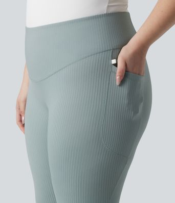 Plus Size Ribbed Knit High Waisted Tummy Control Workout Leggings with Pockets