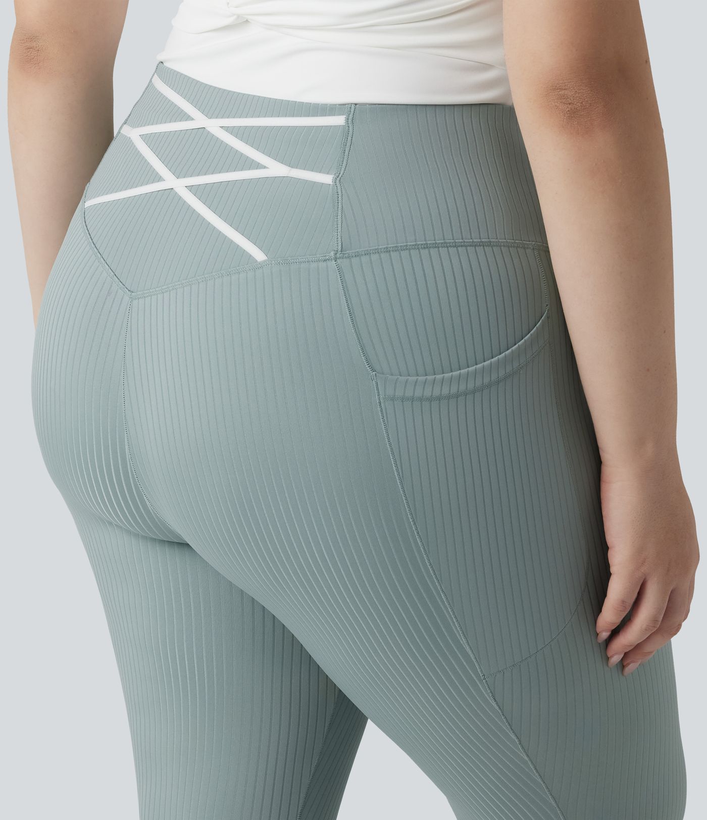 Plus Size Ribbed Knit High Waisted Tummy Control Workout Leggings with Pockets