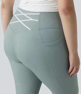 Plus Size Ribbed Knit High Waisted Tummy Control Workout Leggings with Pockets