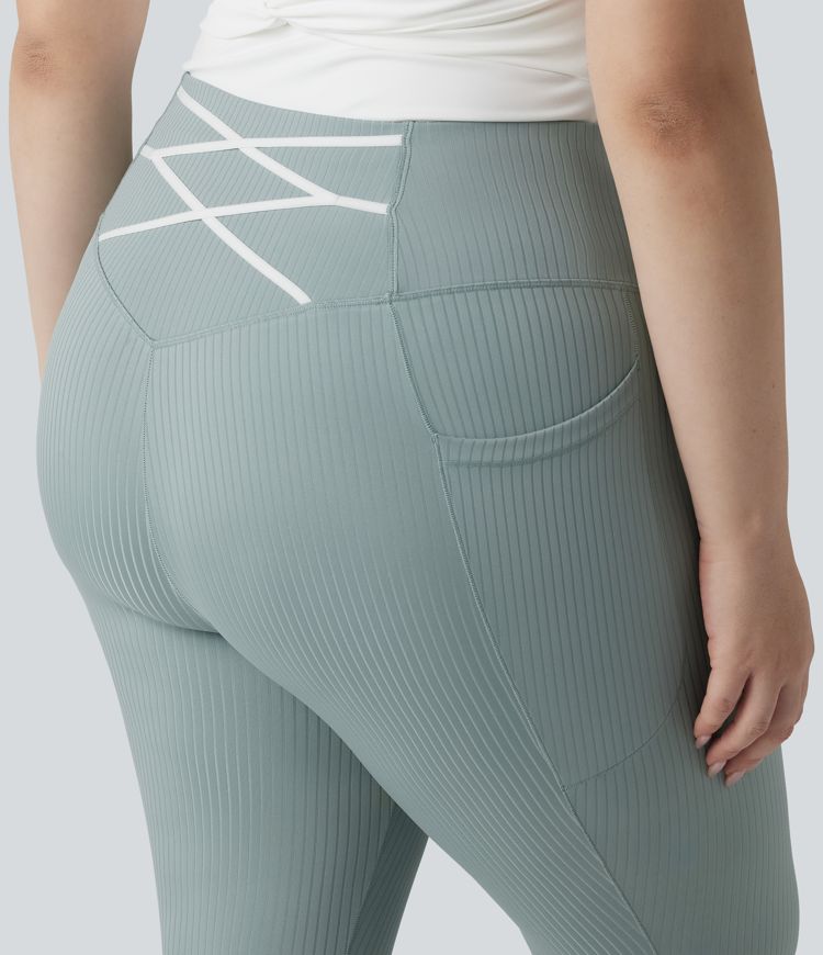 Plus Size Ribbed Knit High Waisted Tummy Control Workout Leggings with Pockets