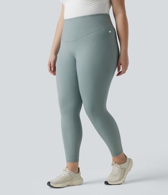 Plus Size Ribbed Knit High Waisted Tummy Control Workout Leggings with Pockets