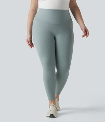 Plus Size Ribbed Knit High Waisted Tummy Control Workout Leggings with Pockets