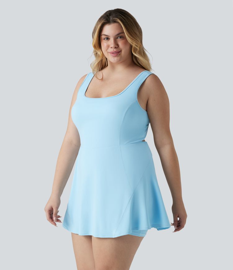 Plus Size SoftlyZero™ Airy U Neck Built-in Bra 2-in-1 Cool Touch Mini Yoga Active Dress with Pockets-Easy Peezy Edition