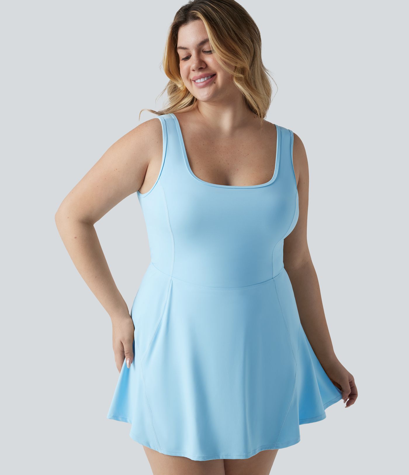 Plus Size SoftlyZero™ Airy U Neck Built-in Bra 2-in-1 Cool Touch Mini Yoga Active Dress with Pockets-Easy Peezy Edition