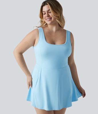 Plus Size SoftlyZero™ Airy U Neck Built-in Bra 2-in-1 Cool Touch Mini Yoga Active Dress with Pockets-Easy Peezy Edition