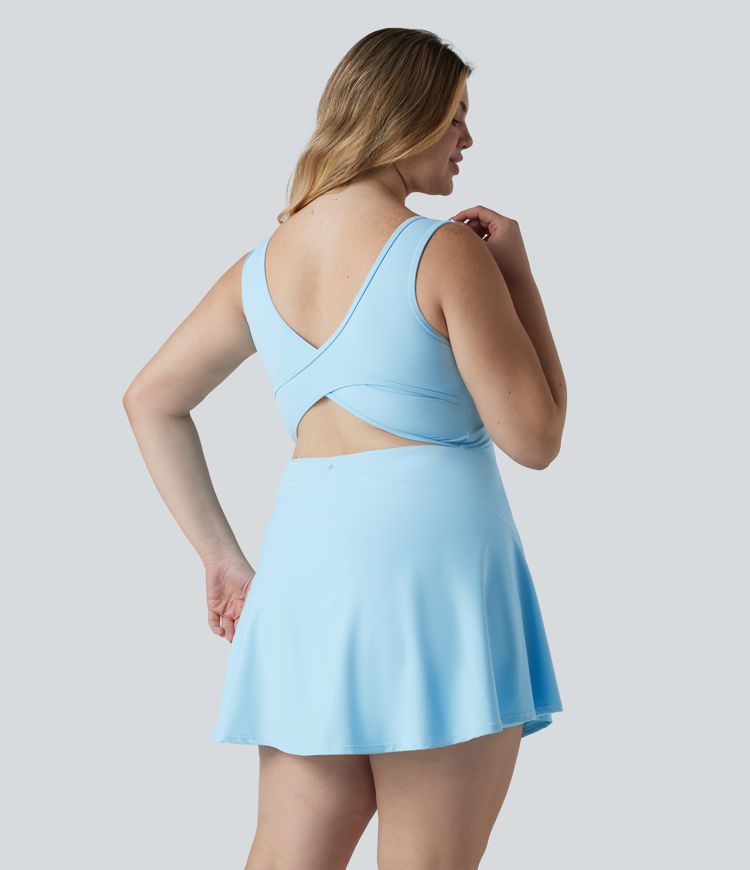 Plus Size SoftlyZero™ Airy U Neck Built-in Bra 2-in-1 Cool Touch Mini Yoga Active Dress with Pockets-Easy Peezy Edition