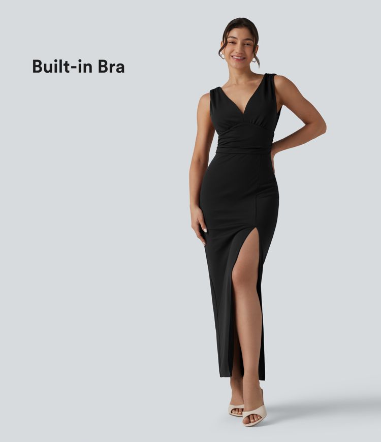 SculptKnit V Neck Built-in Bra Bodycon Maxi Dress
