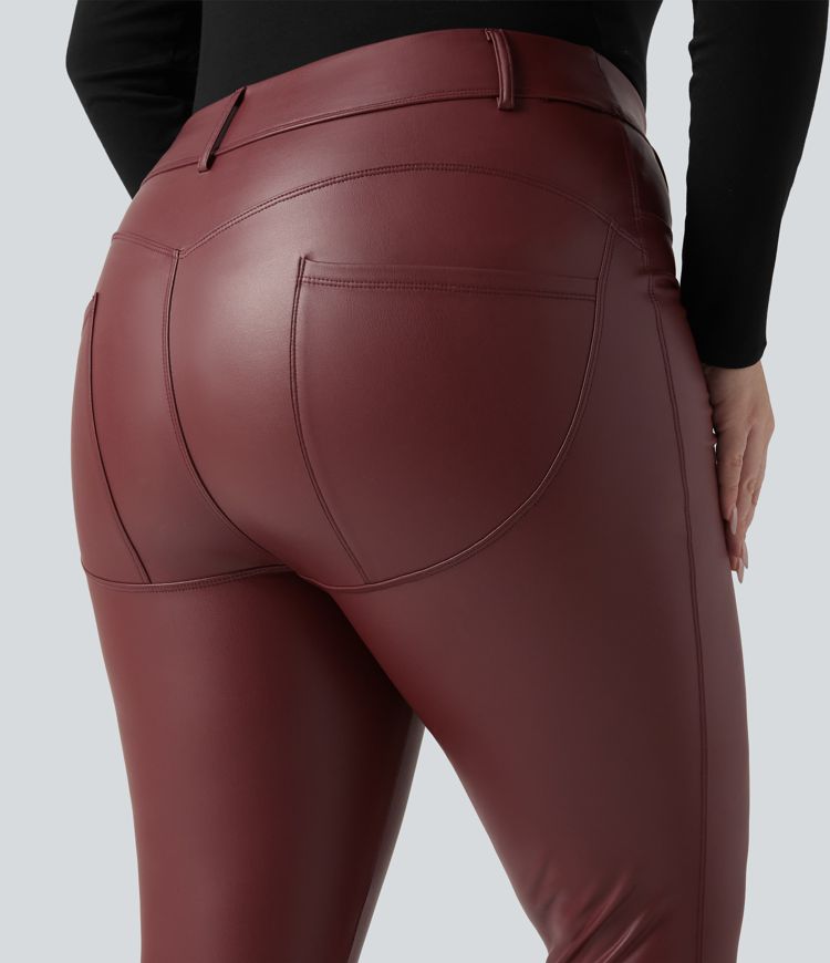 High Waisted Stretchy PU Fleece Casual Plus Size Leggings with Pockets