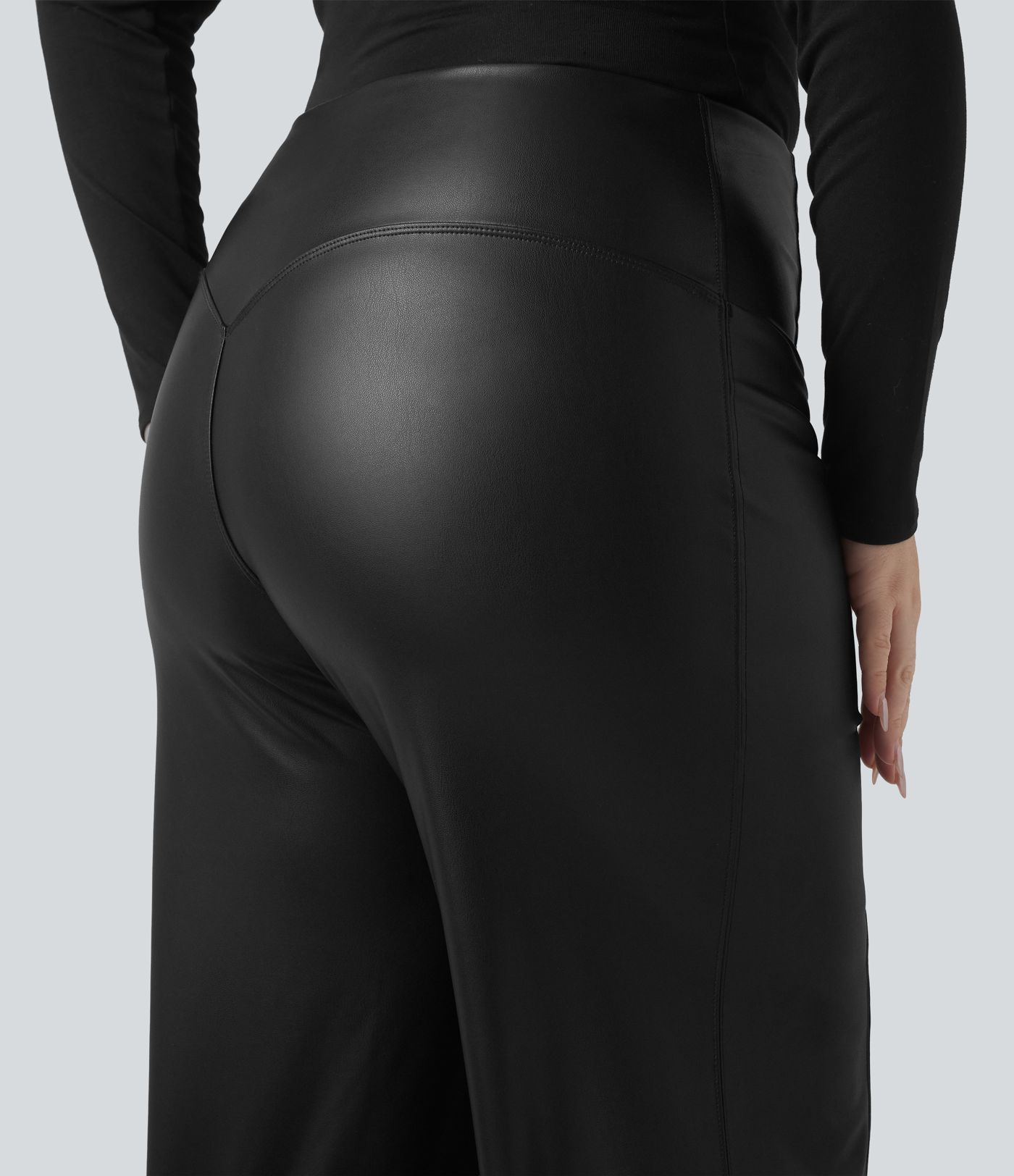 High Waisted Tummy Control Stretchy PU Fleece Casual Plus Size Flare Trousers with Pockets