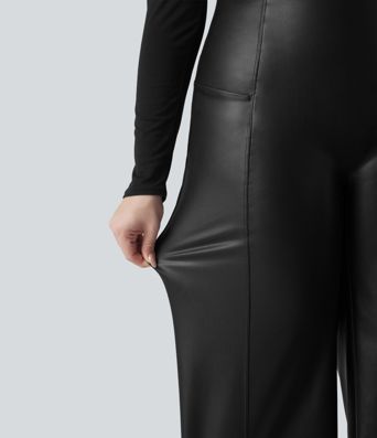 High Waisted Tummy Control Stretchy PU Fleece Casual Plus Size Flare Trousers with Pockets