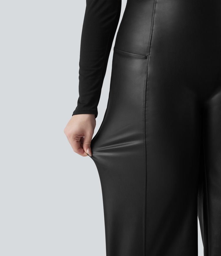 High Waisted Tummy Control Stretchy PU Fleece Casual Plus Size Flare Trousers with Pockets