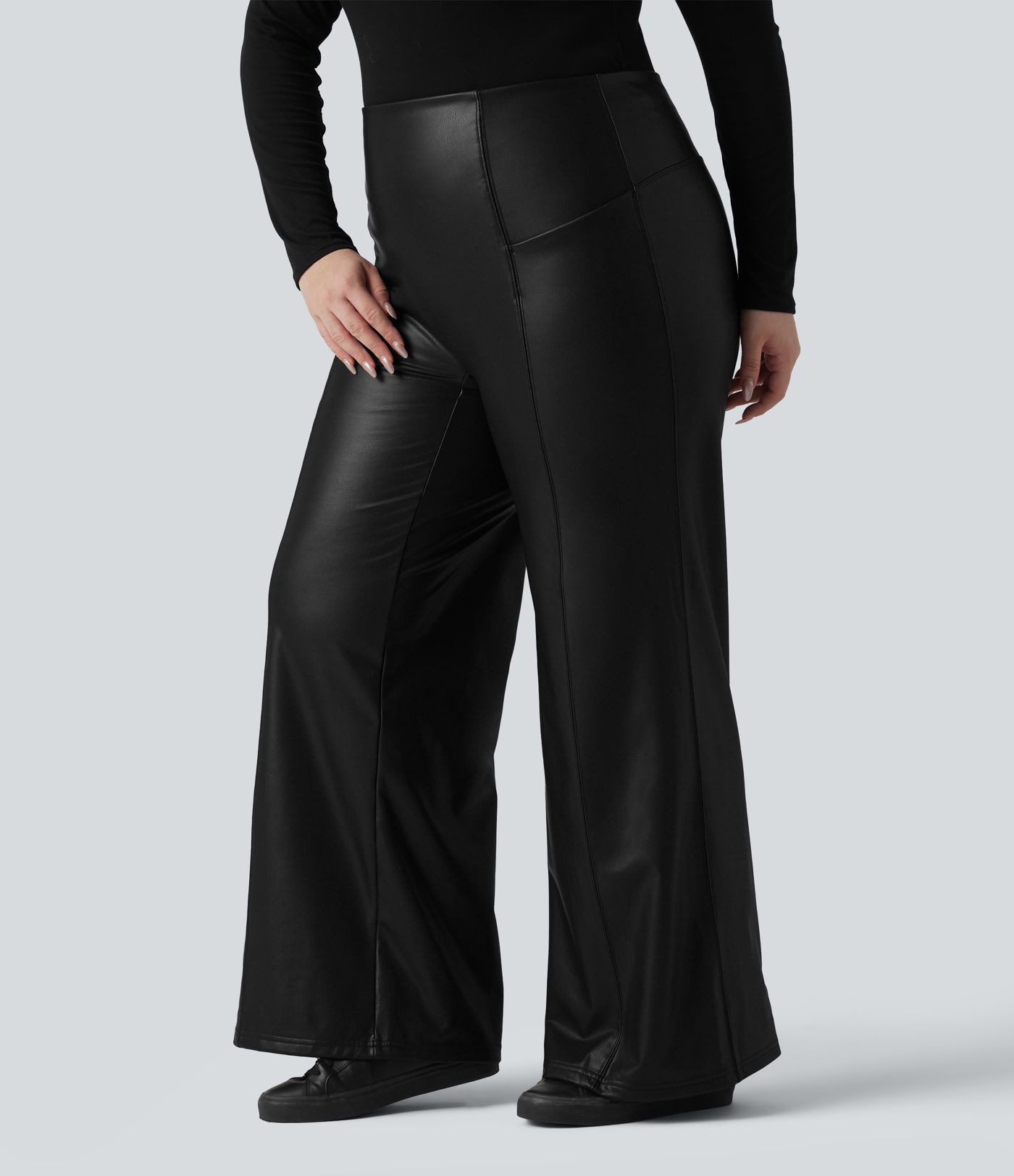 High Waisted Tummy Control Stretchy PU Fleece Casual Plus Size Flare Trousers with Pockets