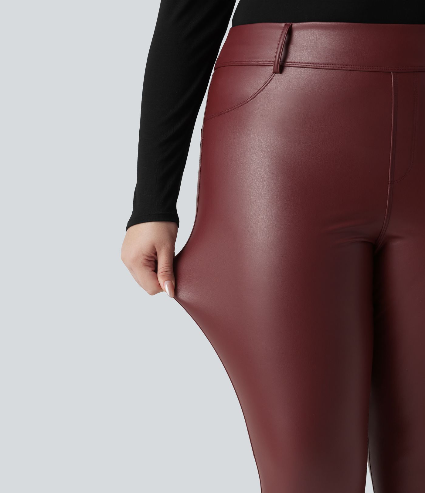 High Waisted Stretchy PU Fleece Casual Plus Size Leggings with Pockets