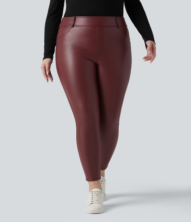 High Waisted Stretchy PU Fleece Casual Plus Size Leggings with Pockets