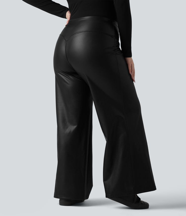 High Waisted Tummy Control Stretchy PU Fleece Casual Plus Size Flare Trousers with Pockets