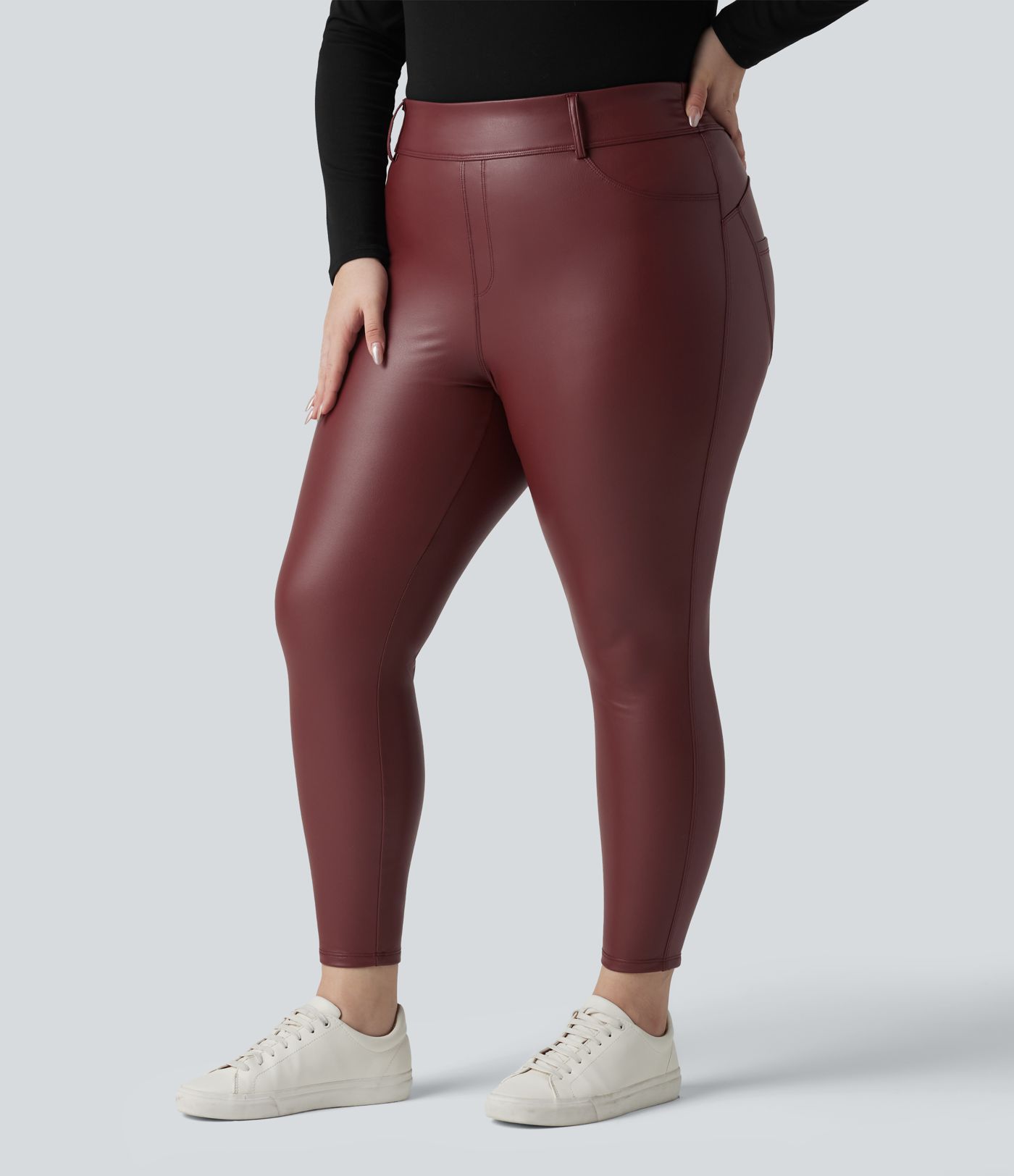 High Waisted Stretchy PU Fleece Casual Plus Size Leggings with Pockets