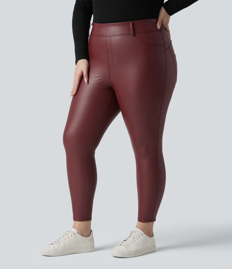 High Waisted Stretchy PU Fleece Casual Plus Size Leggings with Pockets