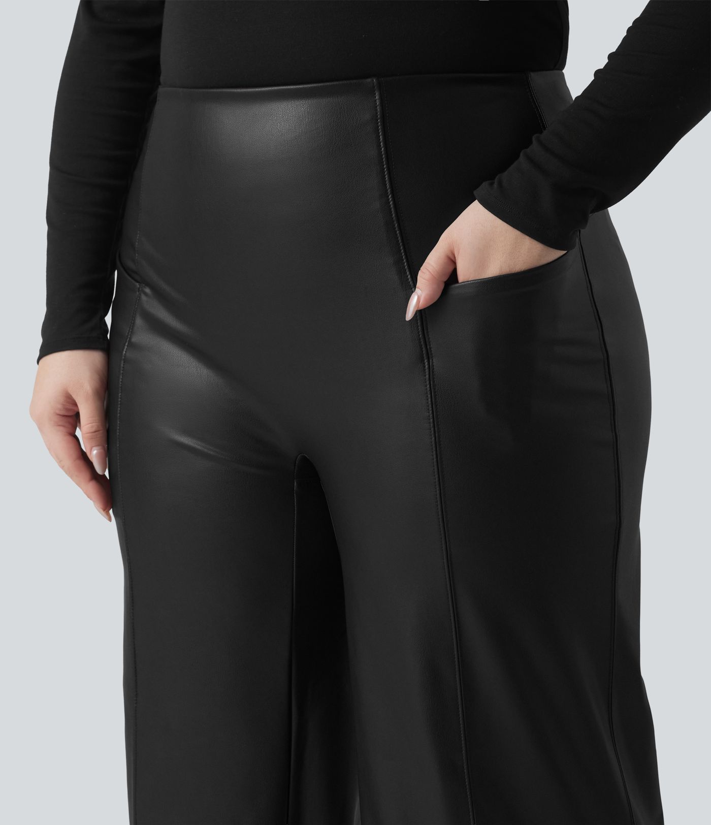 High Waisted Tummy Control Stretchy PU Fleece Casual Plus Size Flare Trousers with Pockets