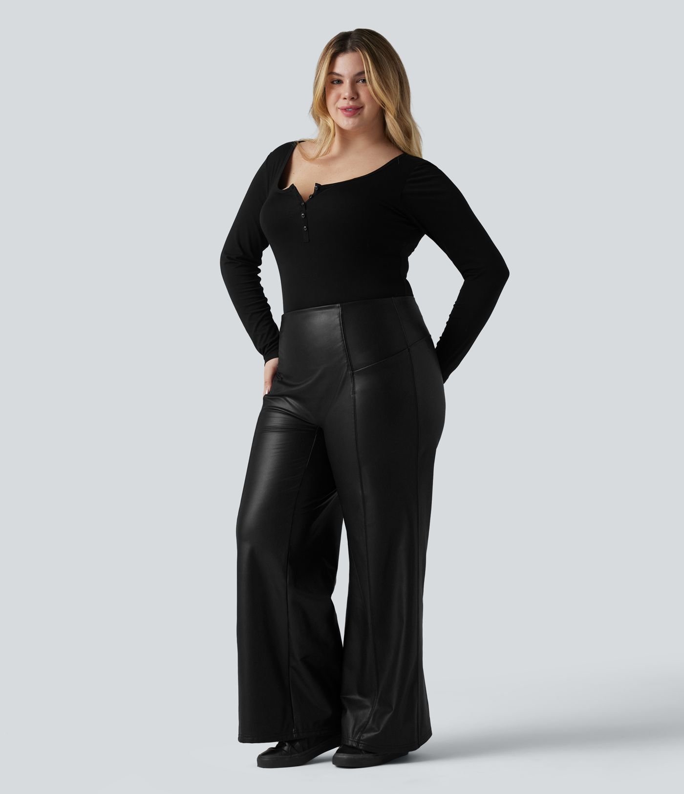 High Waisted Tummy Control Stretchy PU Fleece Casual Plus Size Flare Trousers with Pockets