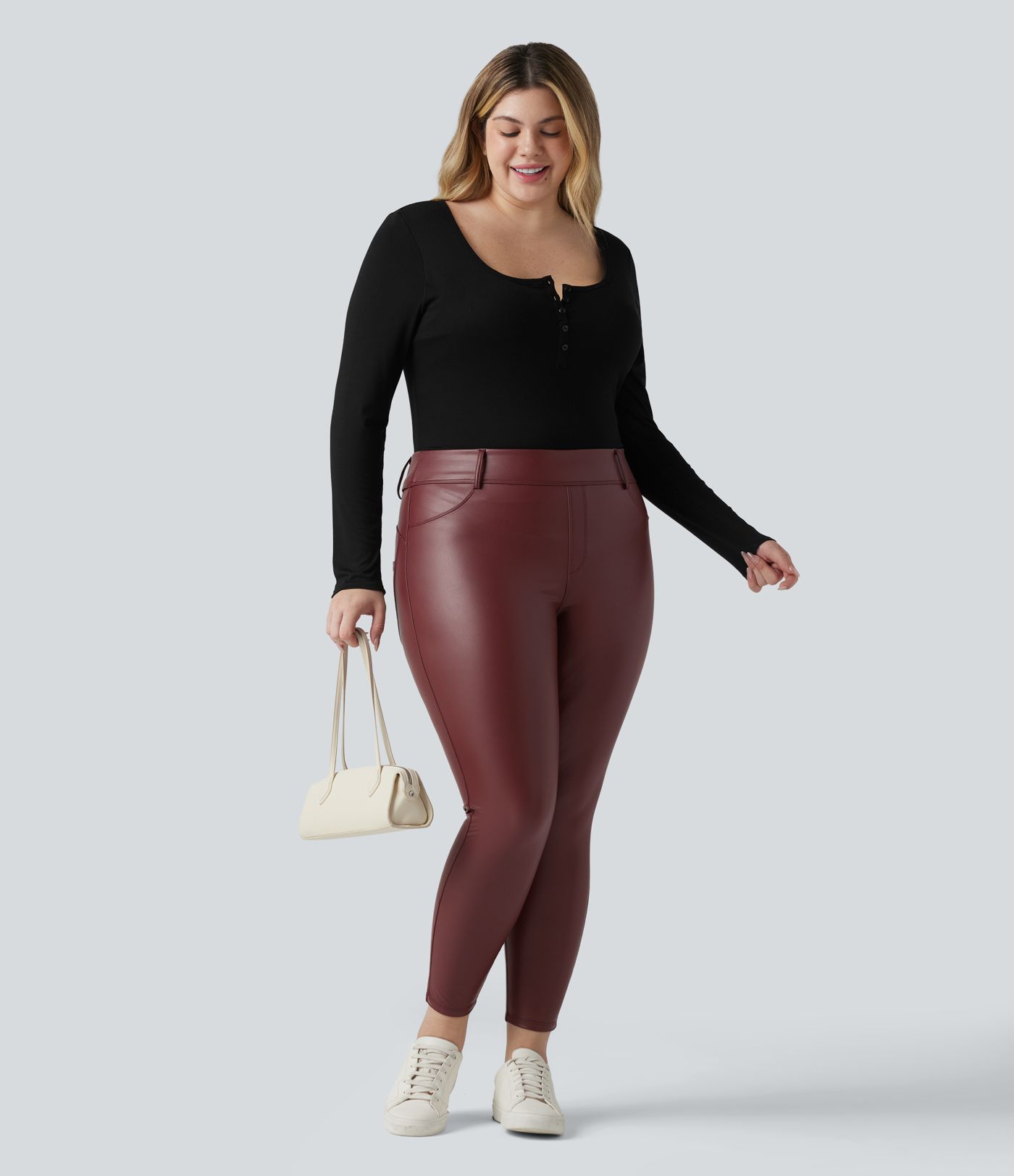 High Waisted Stretchy PU Fleece Casual Plus Size Leggings with Pockets