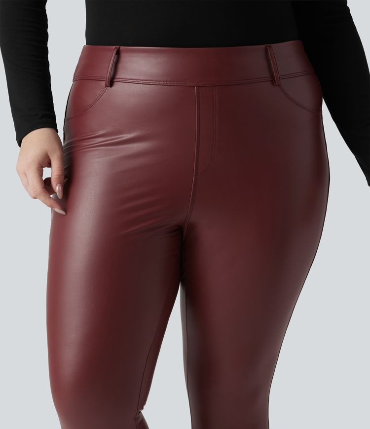 High Waisted Stretchy PU Fleece Casual Plus Size Leggings with Pockets