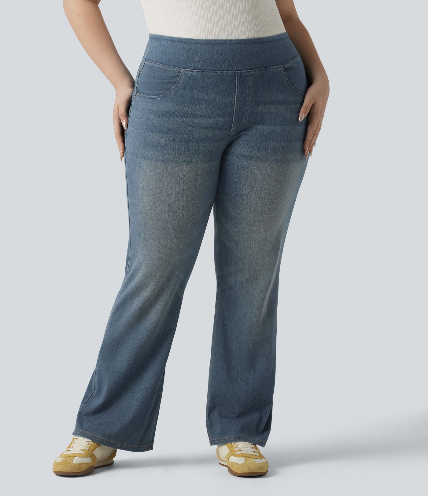 Halara Flex™ High Waisted Pockets Washed Casual Bootcut Plus Size Jeans