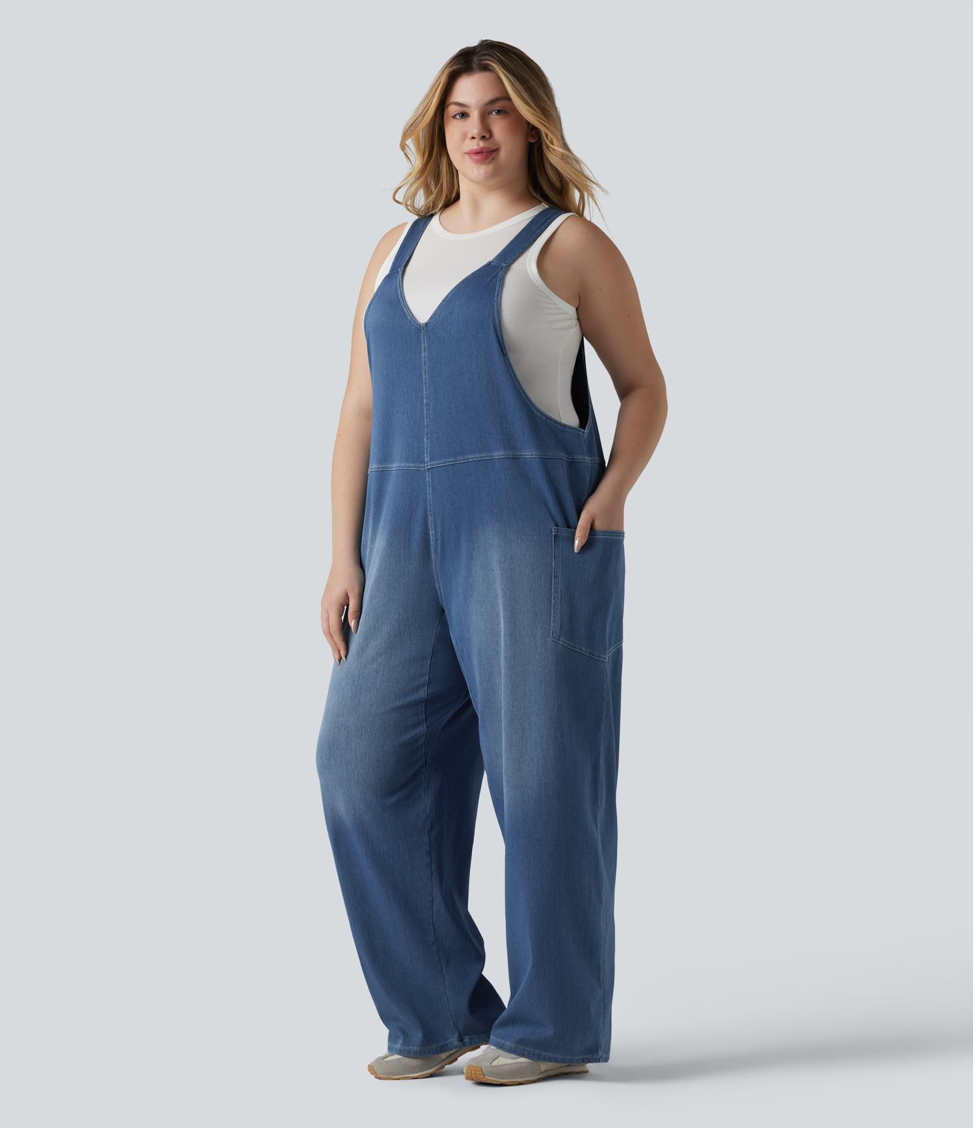 Halara Flex™ V Neck Washed Denim Casual Plus Size Overalls with Pockets Halara Flex™ V Neck Washed Denim Casual Plus Size Overalls with Pockets