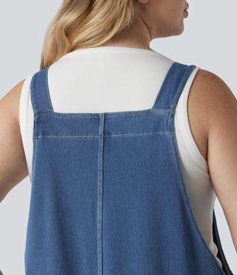 Halara Flex™ V Neck Washed Denim Casual Plus Size Overalls with Pockets Halara Flex™ V Neck Washed Denim Casual Plus Size Overalls with Pockets