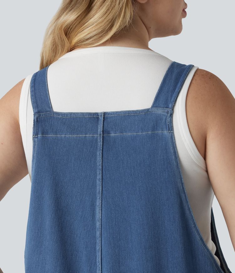 Halara Flex™ V Neck Washed Denim Casual Plus Size Overalls with Pockets Halara Flex™ V Neck Washed Denim Casual Plus Size Overalls with Pockets