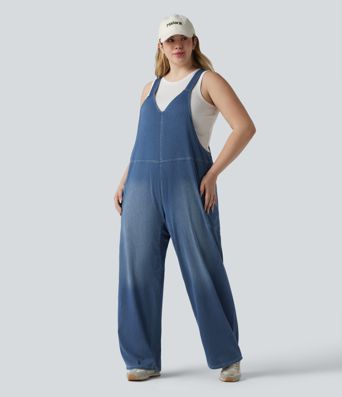 Halara Flex™ V Neck Washed Denim Casual Plus Size Overalls with Pockets Halara Flex™ V Neck Washed Denim Casual Plus Size Overalls with Pockets