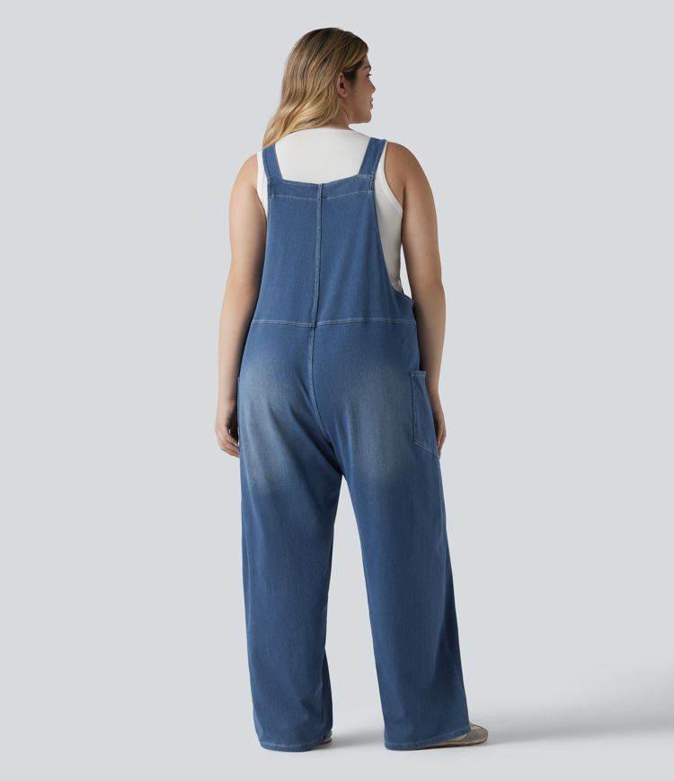 Halara Flex™ V Neck Washed Denim Casual Plus Size Overalls with Pockets Halara Flex™ V Neck Washed Denim Casual Plus Size Overalls with Pockets